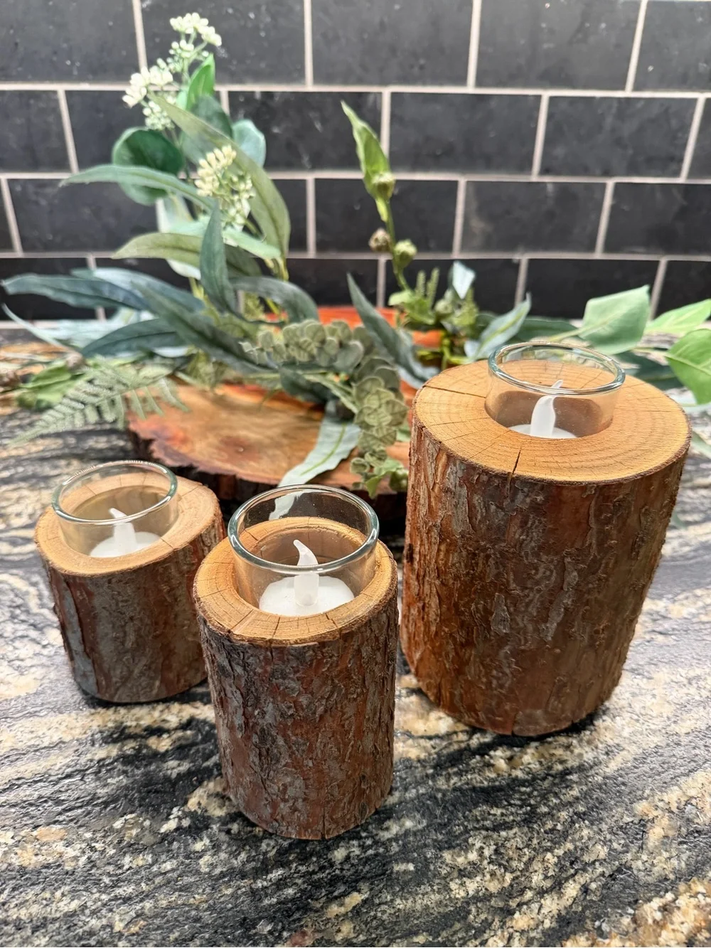 Rustic Lodge Cabin Wood Bark Votive Candle Holders - Natural Brown Centerpiece - Picture 10 of 15